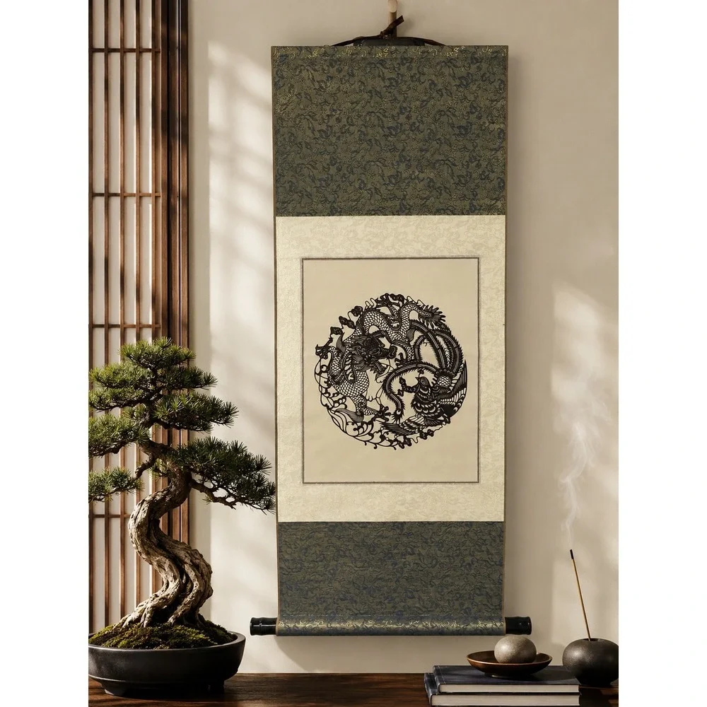 Vintage Chinese Wall Scroll Dragon and Phoenix Paper Cut Art Silk Fabric Decor